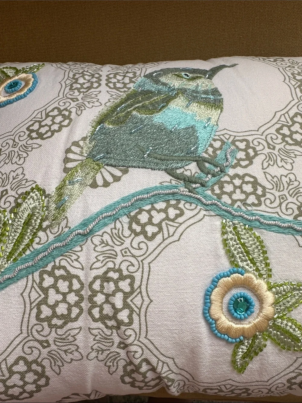 Pier 1 Decorative Pillow with Embroidered Blue-Green Birds